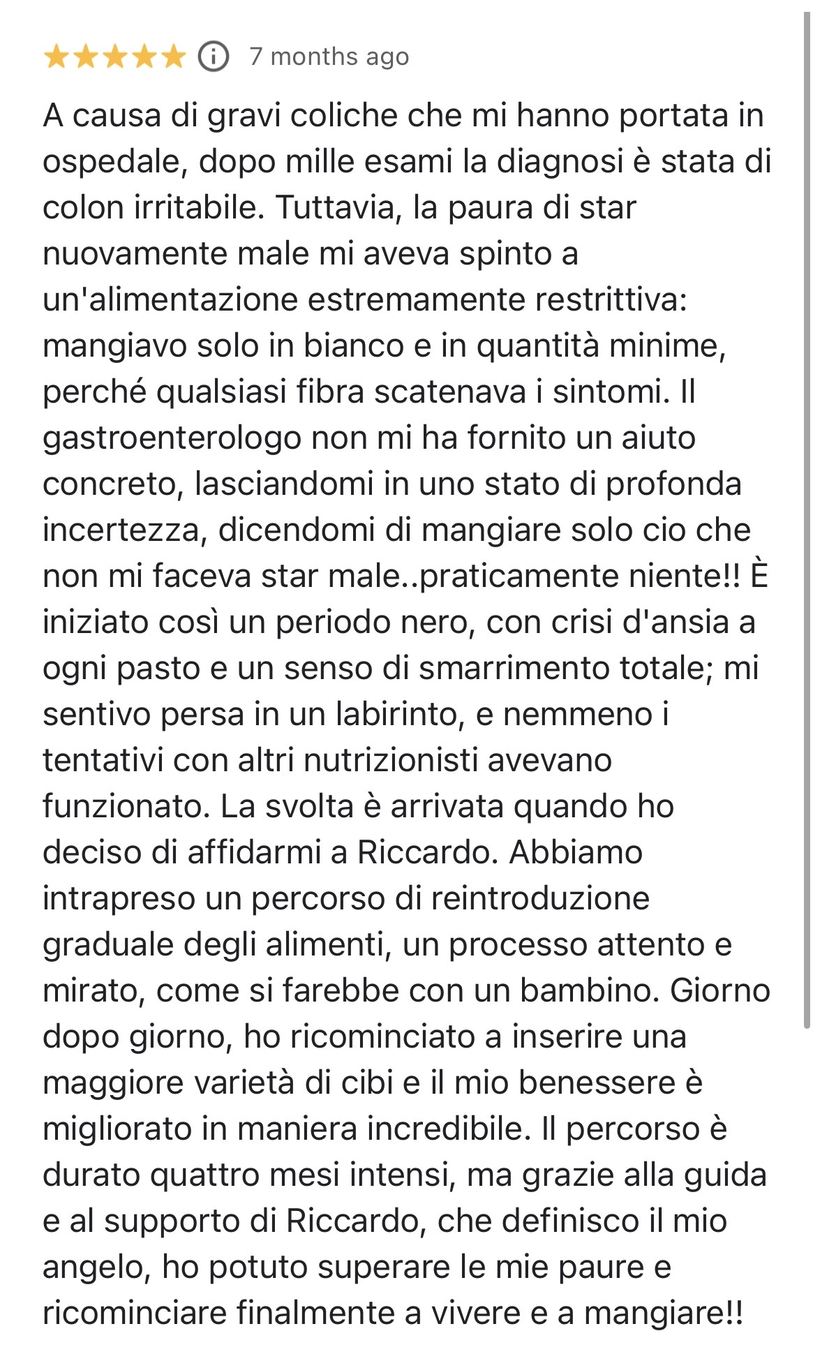 Screenshot originale della recensione Google che inizia con A causa di gravi coliche