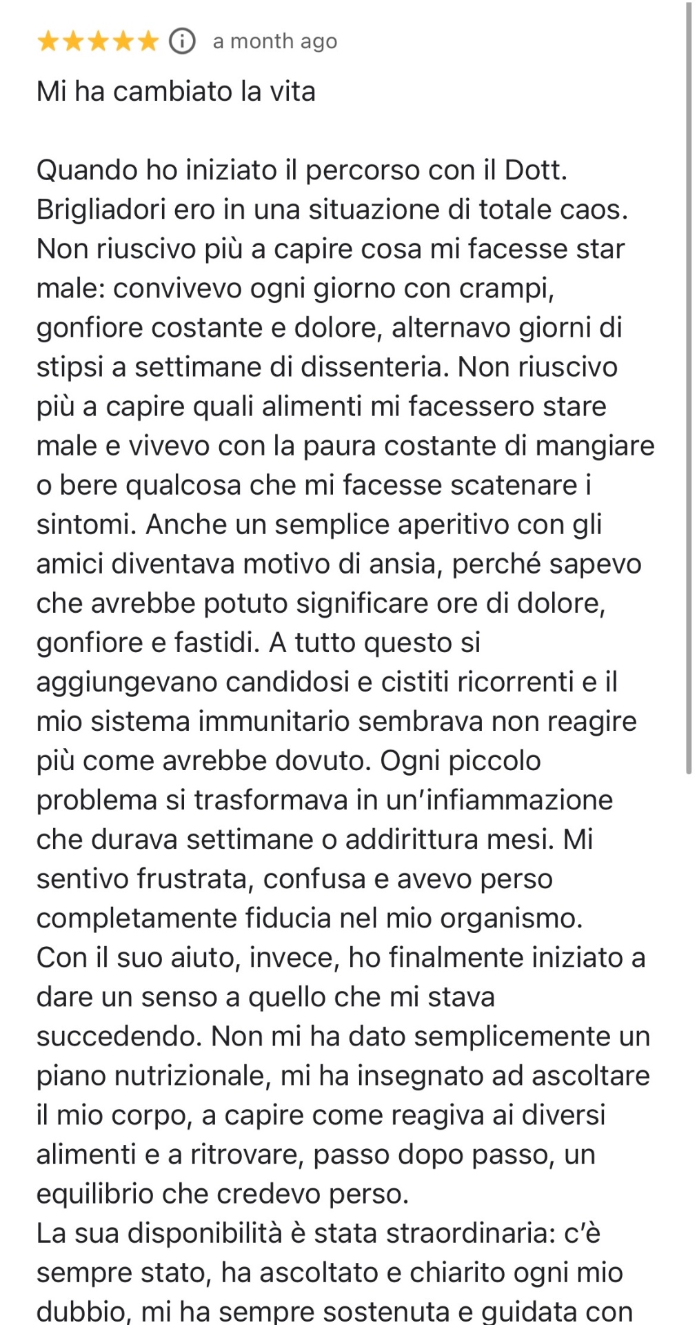 Screenshot originale della recensione Google che inizia con Mi ha cambiato la vita