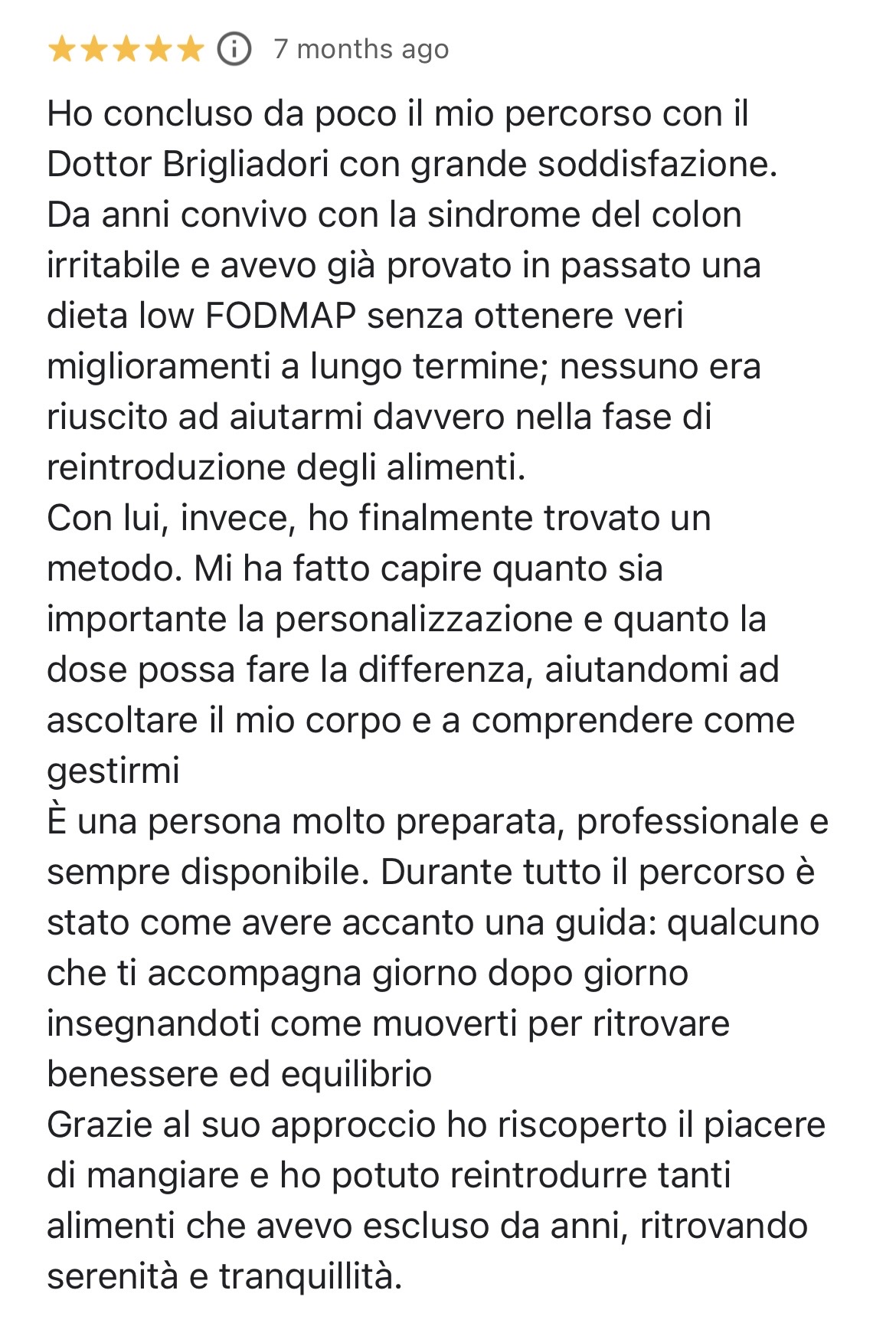 Screenshot originale della recensione Google che inizia con Ho concluso da poco il mio percorso